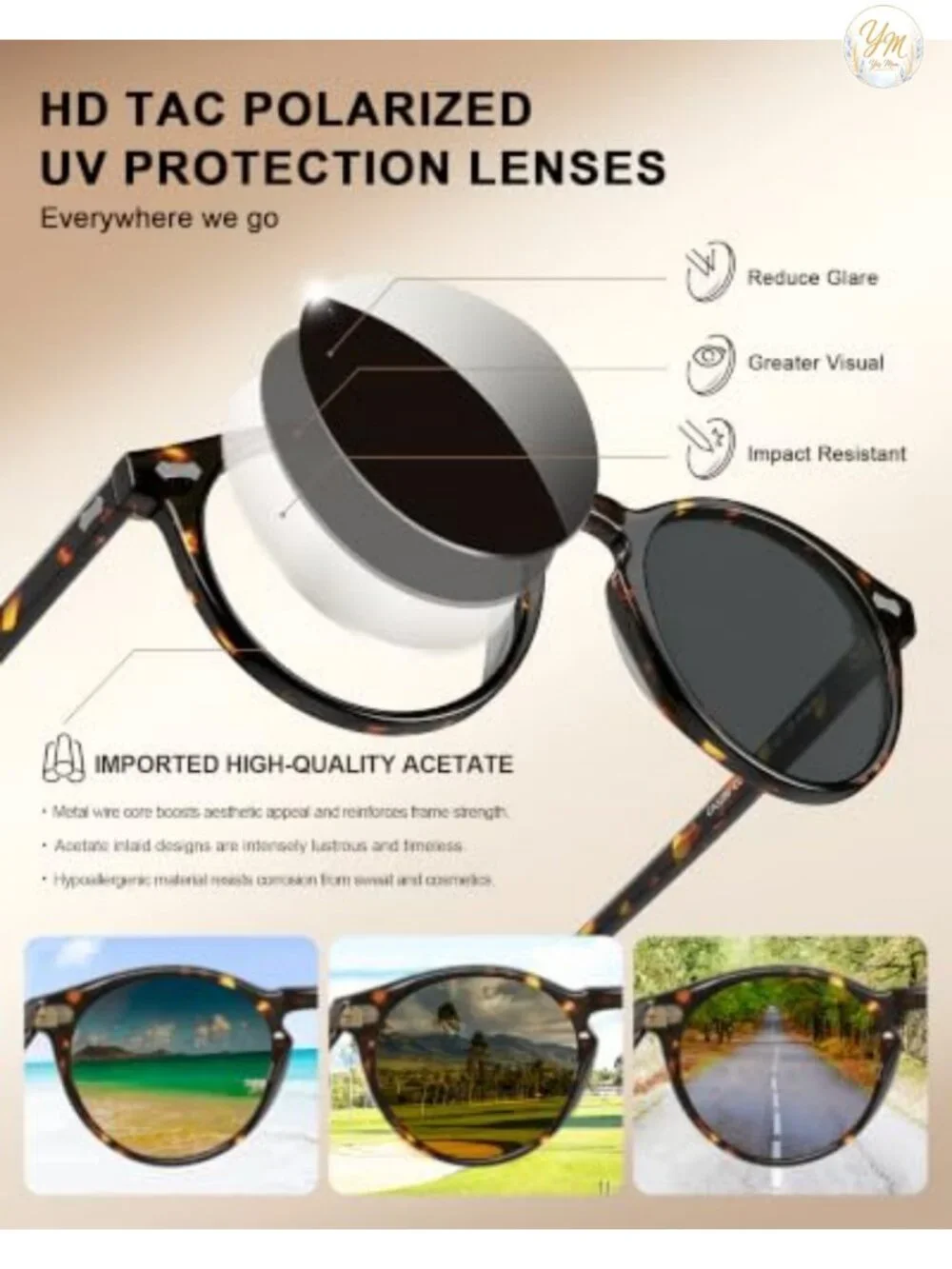 Retro Polarized Sunglasses UV400 Protection Acetate Frame with Case